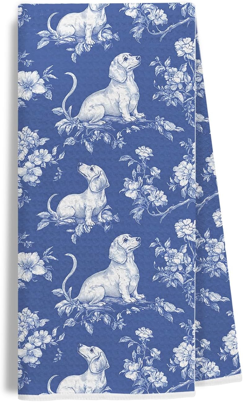 EKGJW Chinoiserie Dachshund Kitchen Towels, Dachshund Weiner Dog Lover Gifts Dish Tea Towels for Kitchen Decor, Grandmillennial Weiner Dog Decorative Hand Towels for Bathroom, 16x24 Inch - Image 1